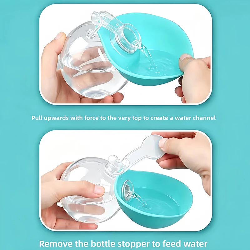 Instructions on how to use a bottle with a detachable feeding component against a teal background.