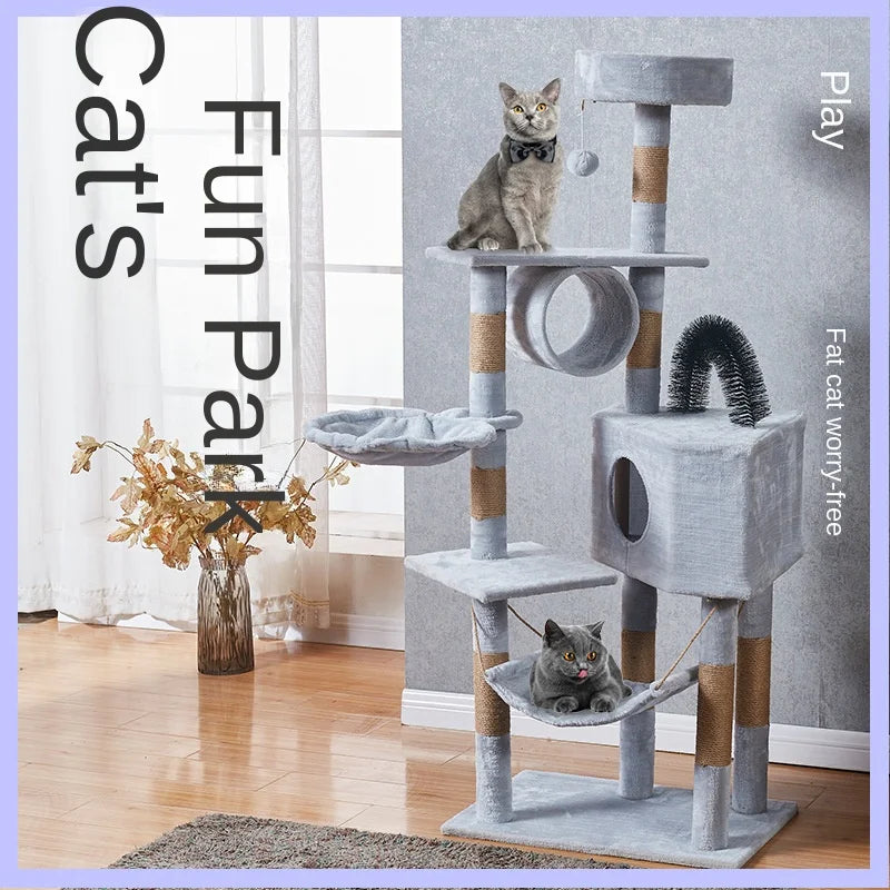 Cat tree with two cats on a wooden floor, text 'Cat's Fun Park' and 'Play Fat cat worry-free'.