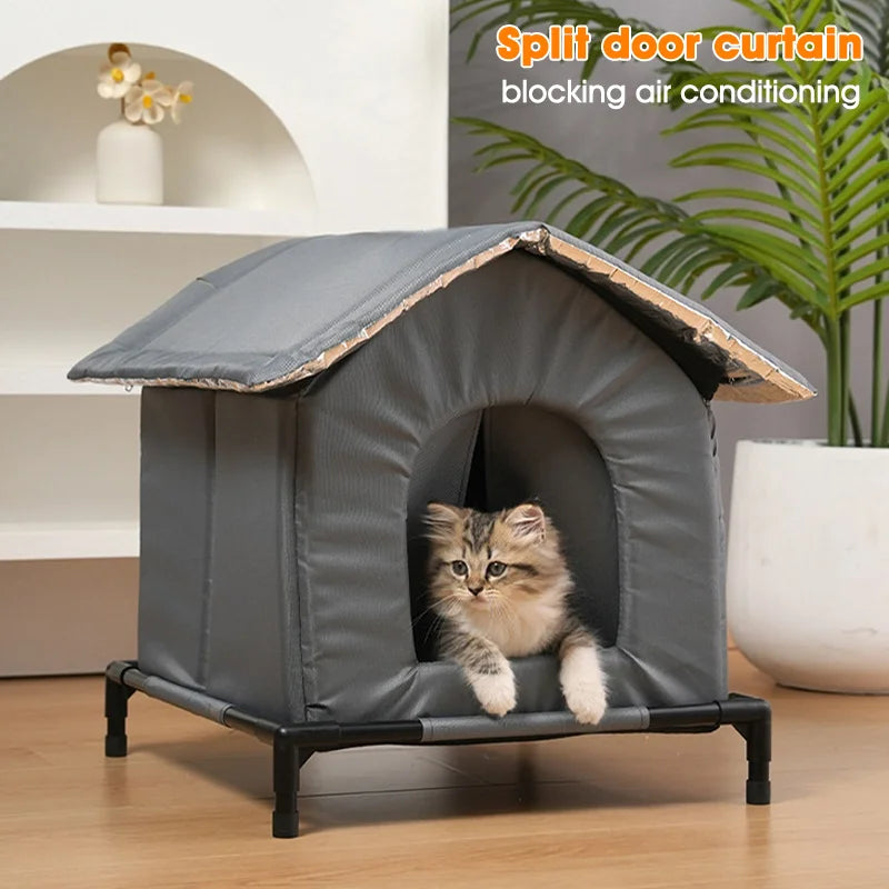 Cat in a gray pet house with text about split door curtain blocking air conditioning.