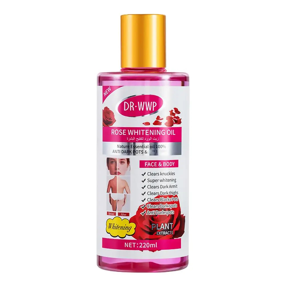 Bottle of Dr. WWP Rose Whitening Oil with a gold cap on a white background