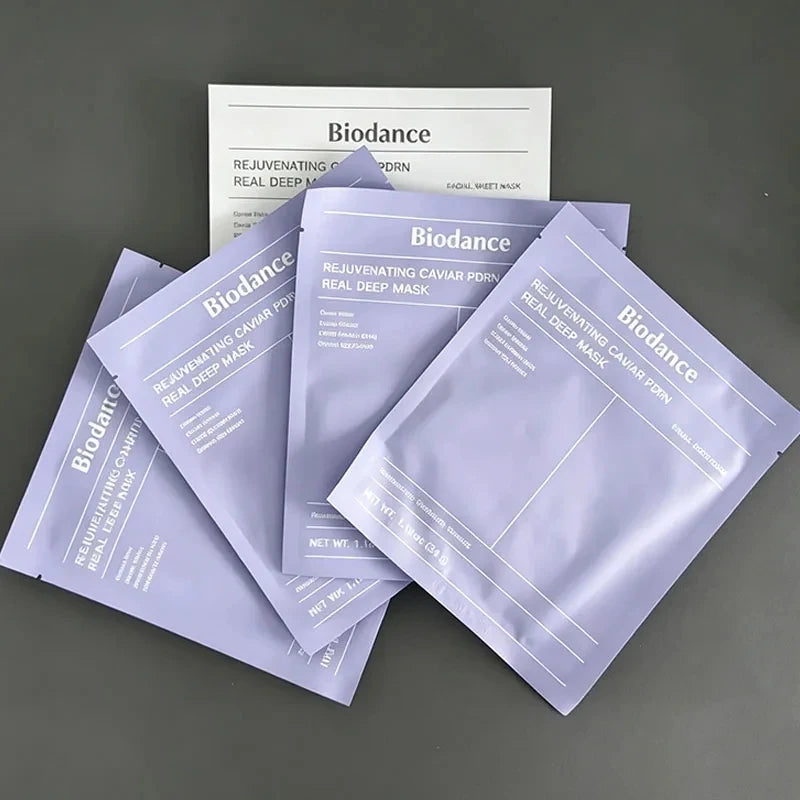 Biodance rejuvenating caviar mask packets on a gray background