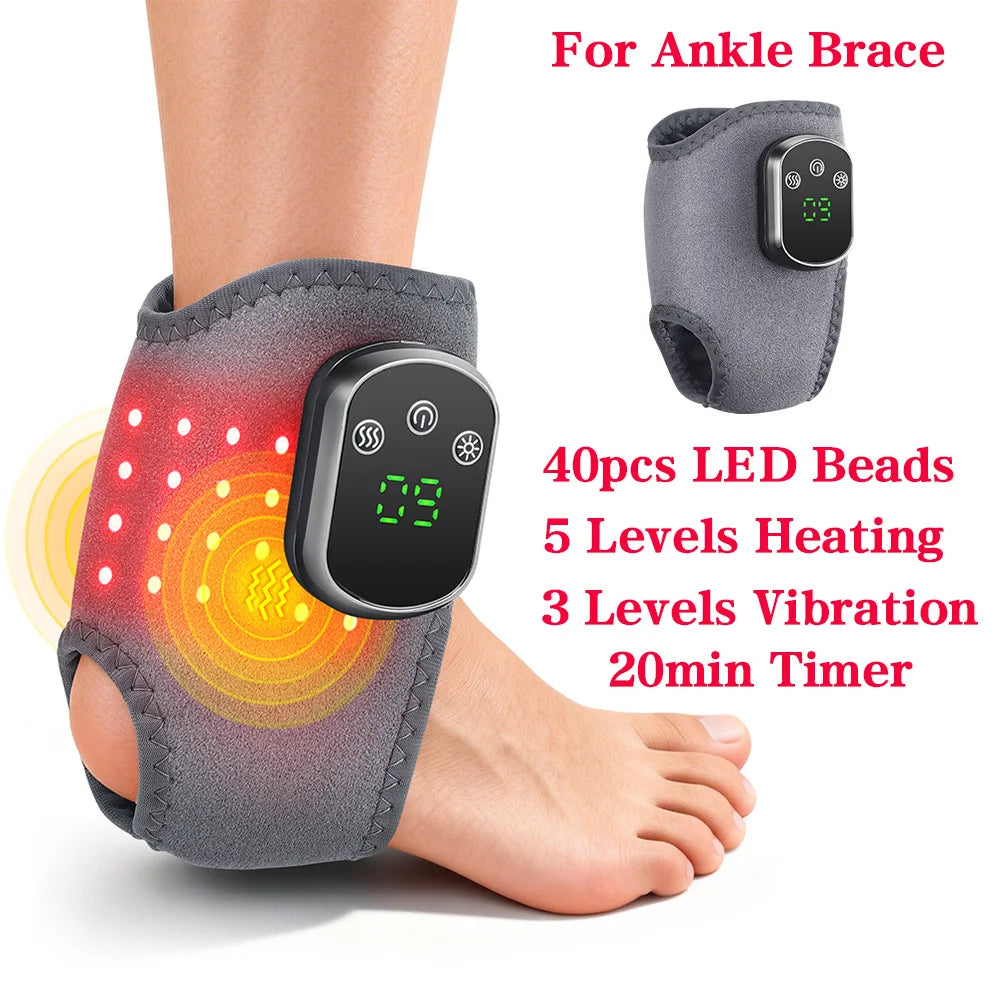 Ankle brace with digital display and LED beads, featuring text on additional features.