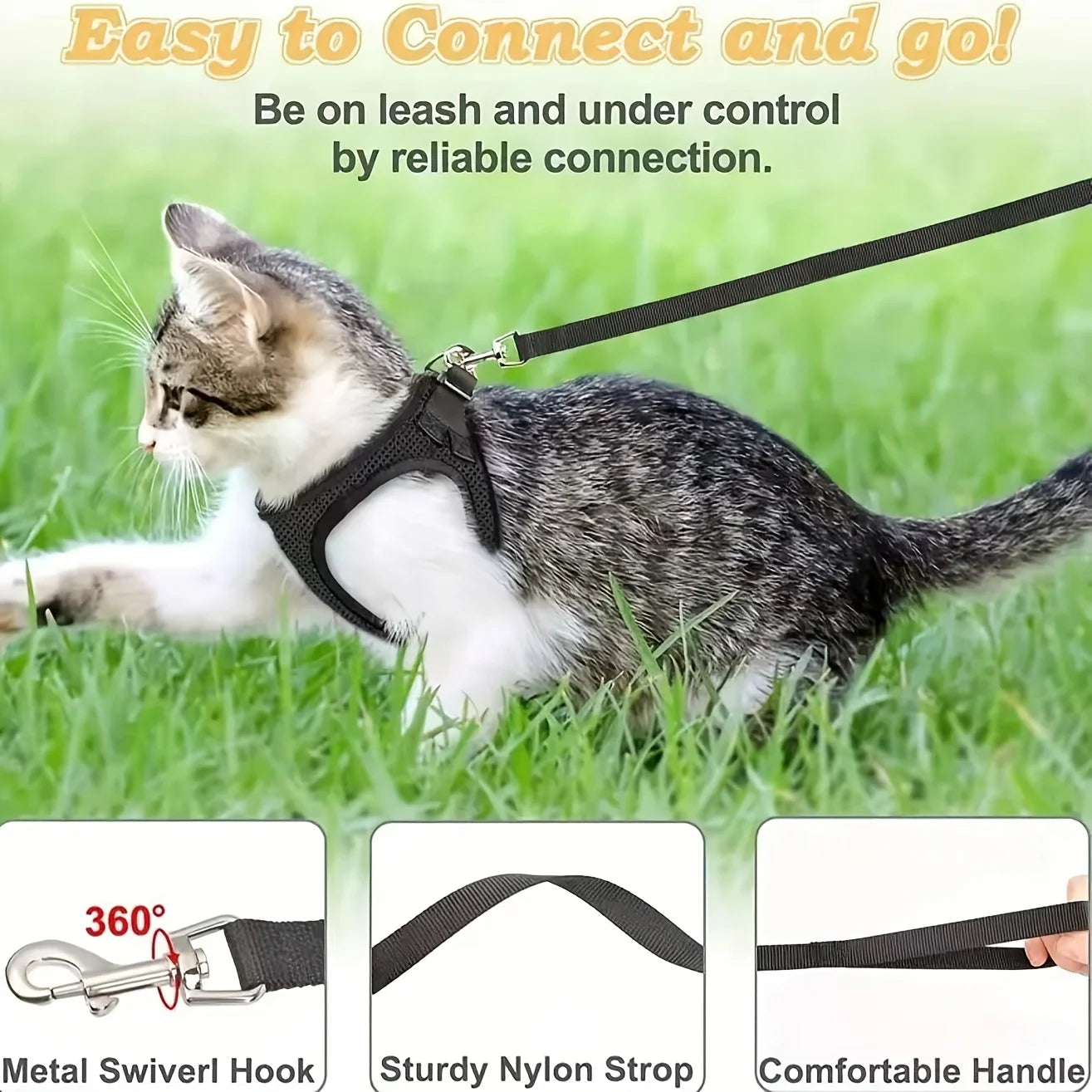 Cat wearing a harness and leash on grass with text about ease of use and product features.