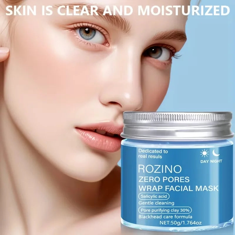 A close-up of a woman's face with clear, moisturized skin next to a blue jar of Rozino Zero Pores Wrap Facial Mask, with the text 'SKIN IS CLEAR AND MOISTURIZED' at the top against a light blue background.