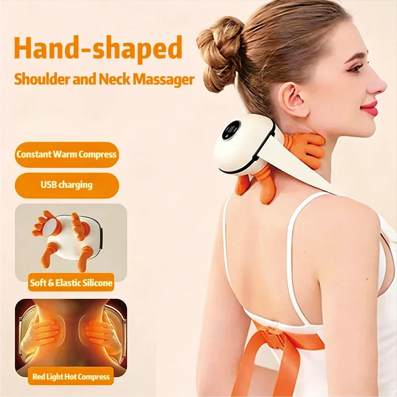 Hand-shaped shoulder and neck massager being used on a woman's back with product features highlighted.