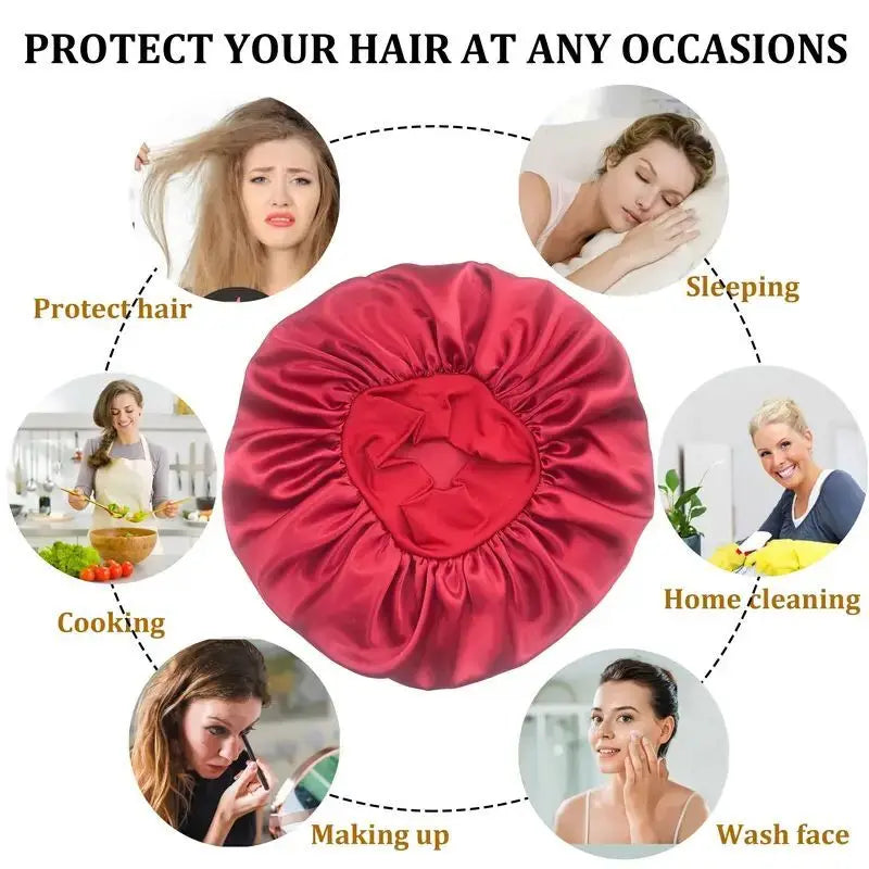 Red satin hair bonnet with uses listed around it on a white background