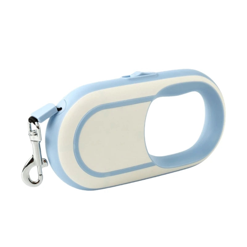 Retractable dog leash with blue and beige design on a white background