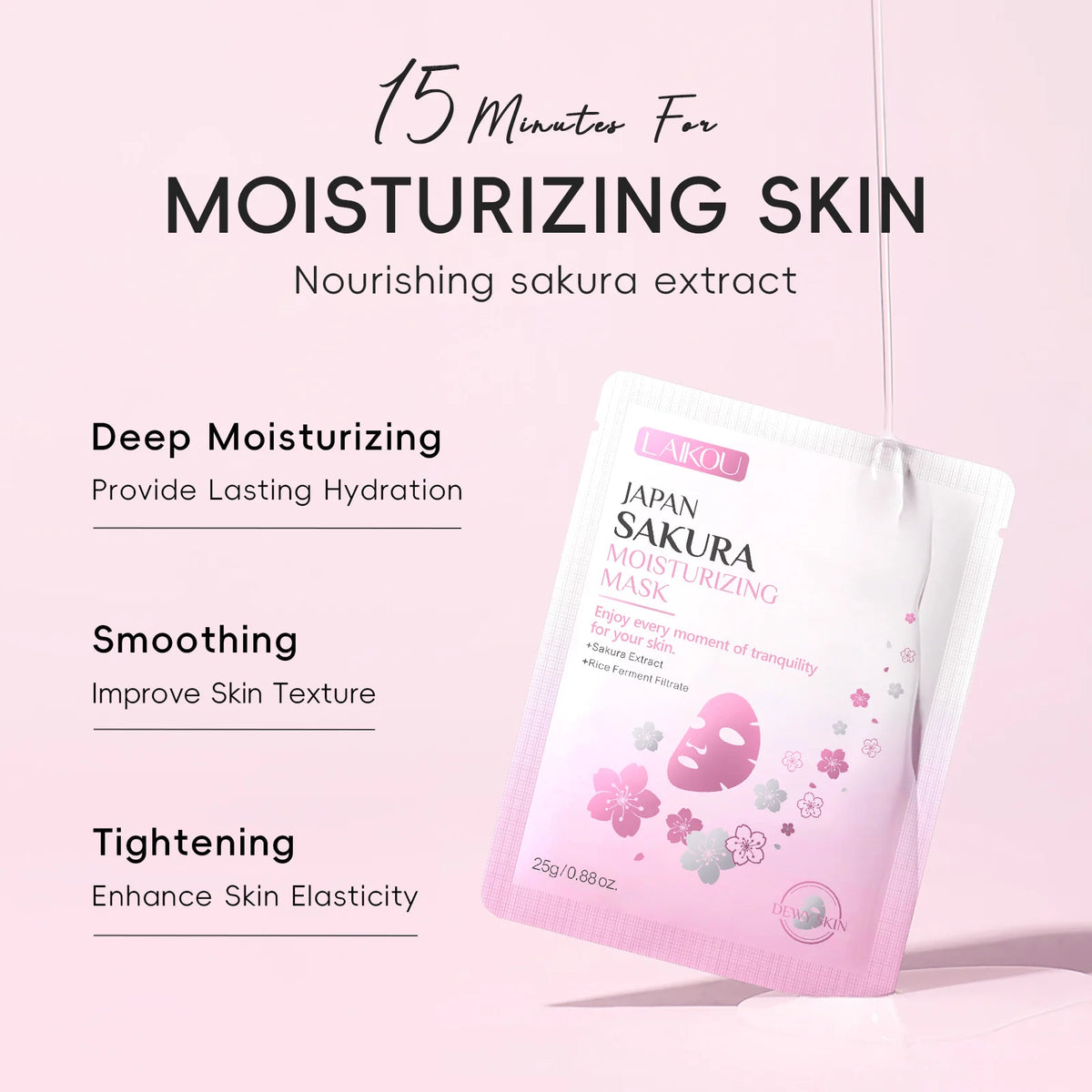 A pink and white stand-up pouch of L'AKUL Japan Sakura Moisturizing Mask is shown on a light pink background with marketing text highlighting deep moisturizing, smoothing, and tightening benefits.