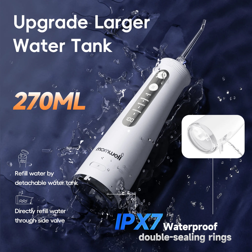 White water flosser with text highlighting larger water tank capacity and waterproof features on a dark blue water splash background.