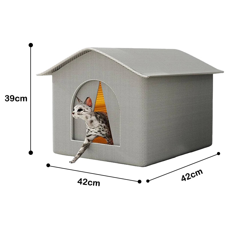 Gray pet house with a cat peeking out, showing dimensions on a white background