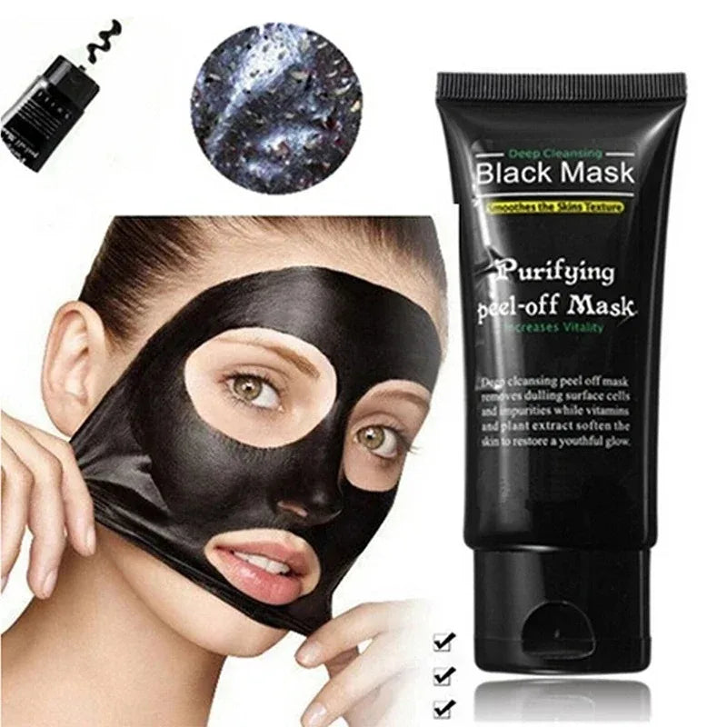 Woman wearing a black peel-off mask with a tube of the same mask on a white background