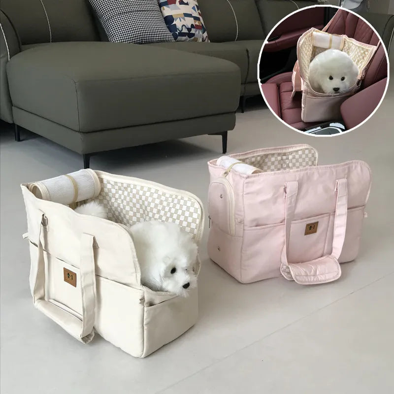 Portable Pet Shoulder Handbag | Quilted Fabric Dog & Cat Carrier Bag | Non-Slip Car Travel Booster Seat Nest with Safety Tether for Puppies and Kittens