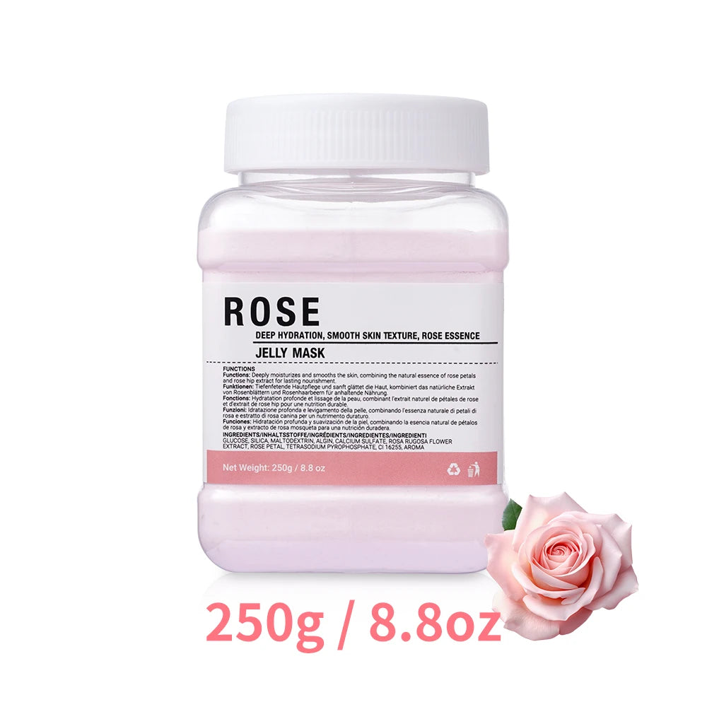 Rose jelly mask packaging with a pink rose on a white background