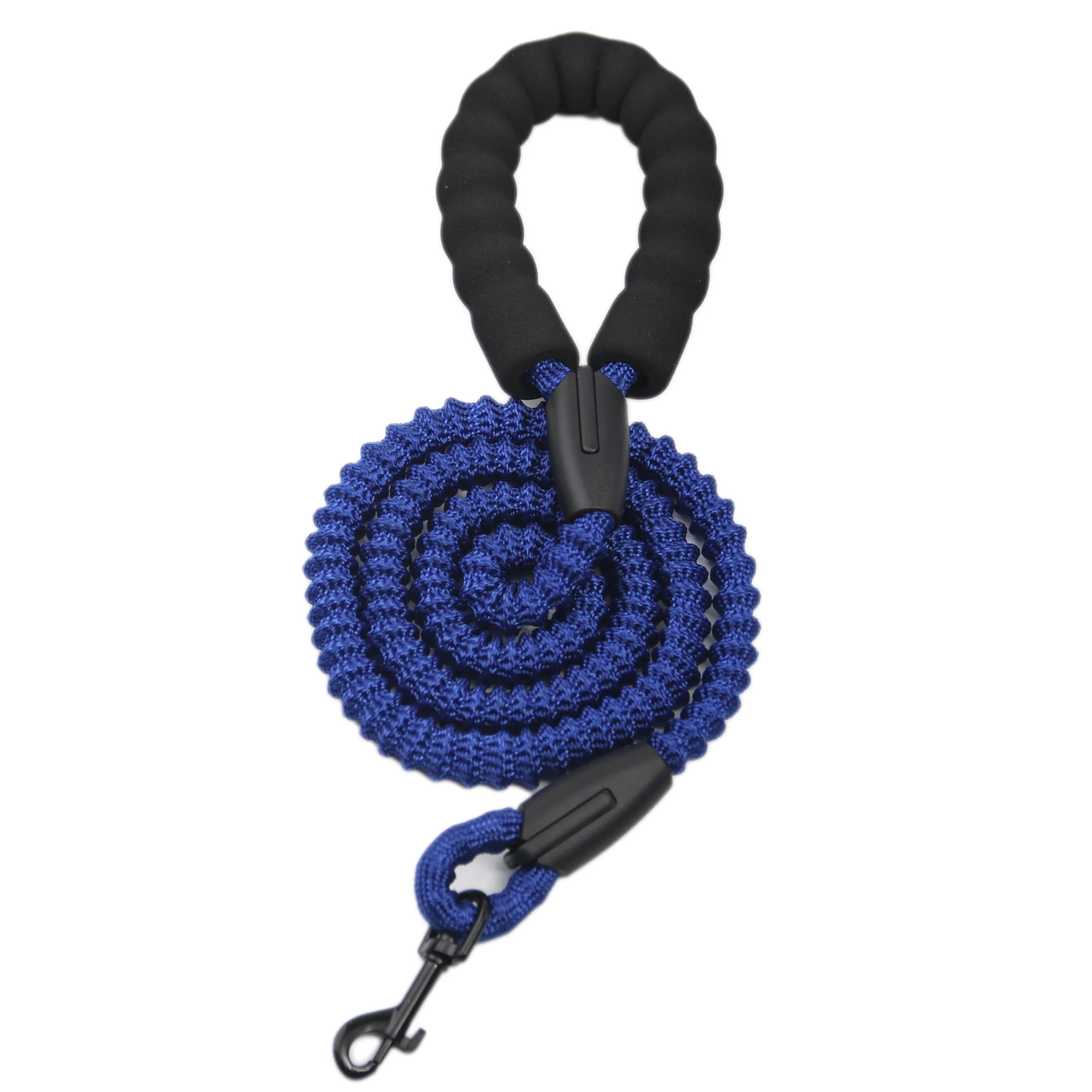 Blue dog leash with black handle on a white background