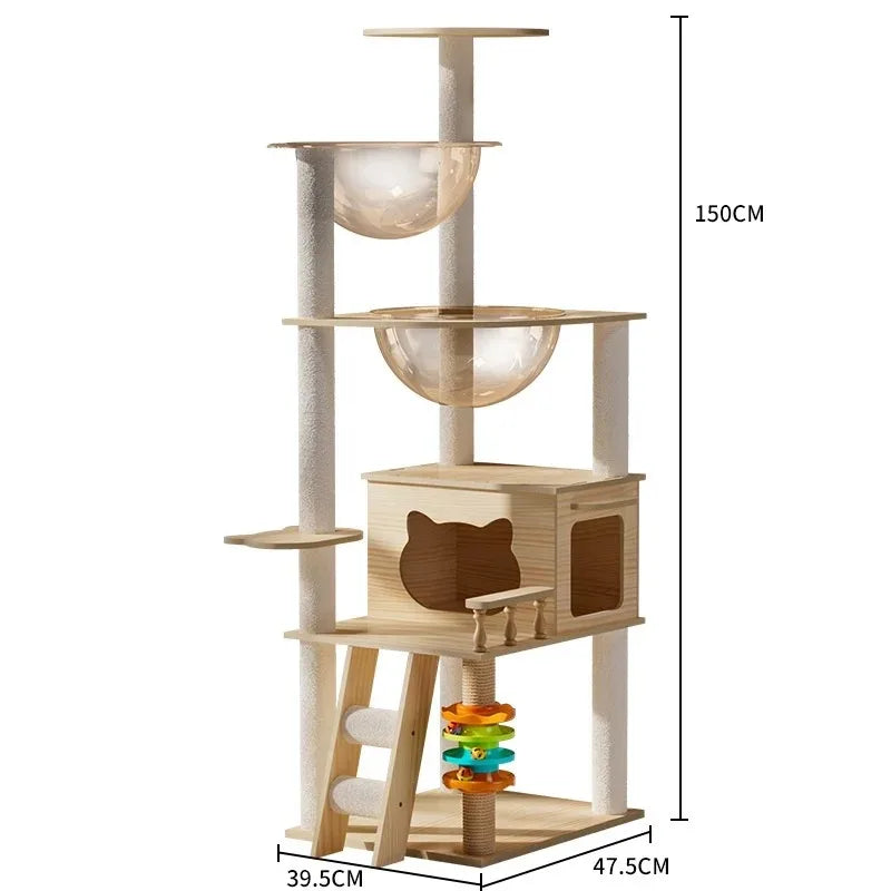 Cat tree with shelves, a hammock, and a climbing platform with dimensions indicated.