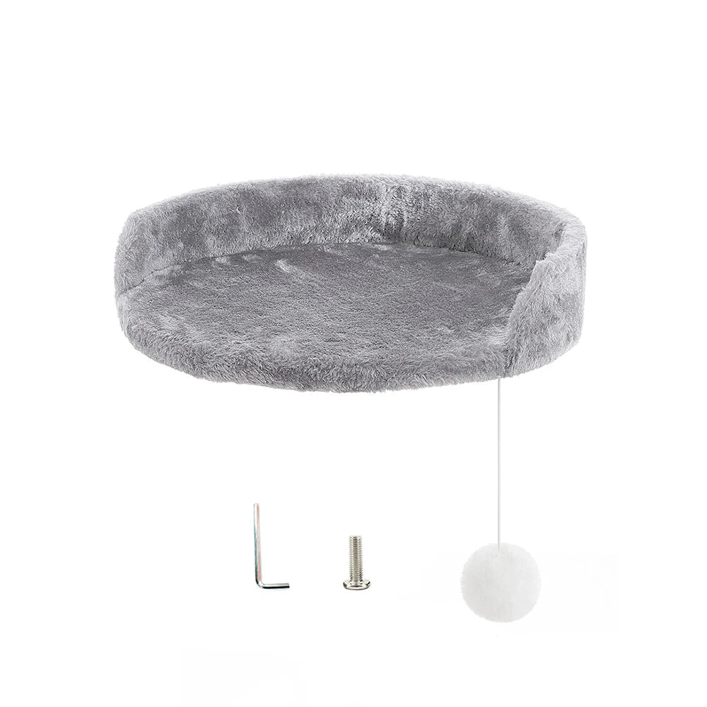 Gray cat tree with a hanging ball on a white background