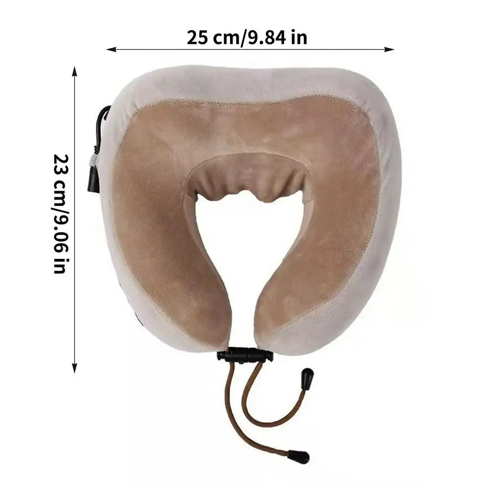Neck pillow with dimensions labeled on a white background