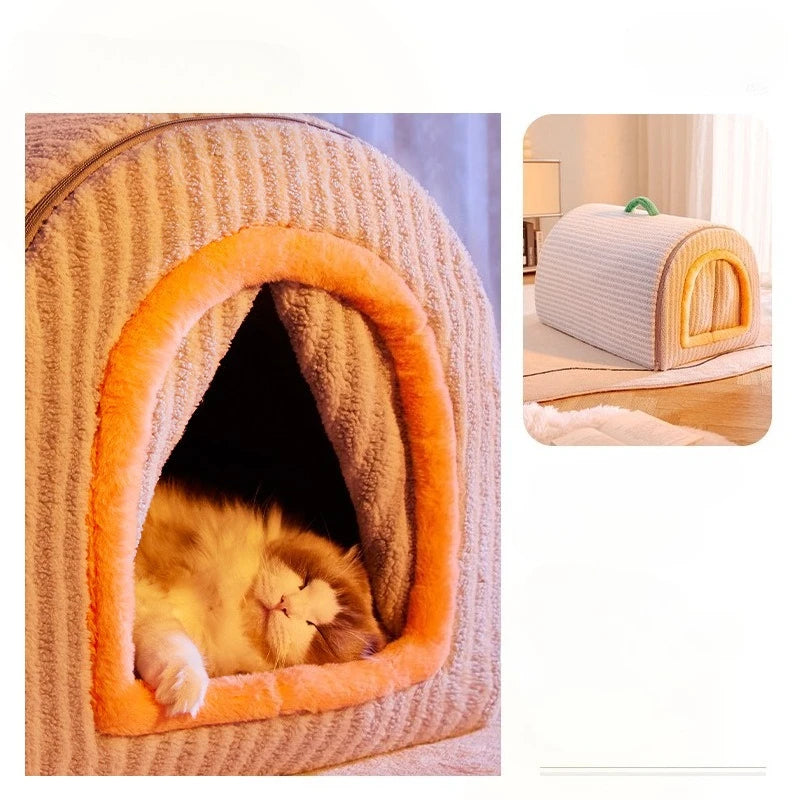 Cat lying inside a cozy pet bed with a soft texture, shown from two angles.