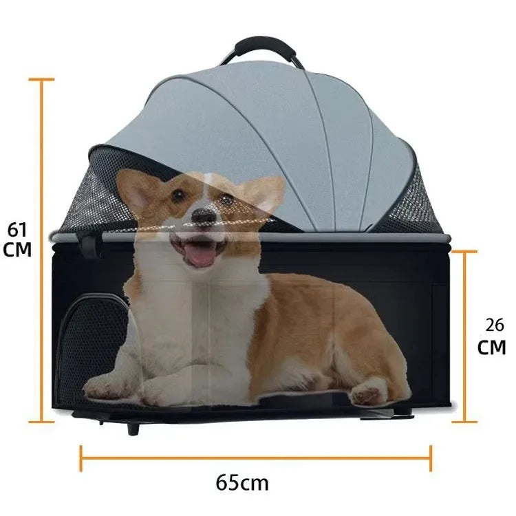 Pet carrier with a dog inside, showing dimensions on a white background