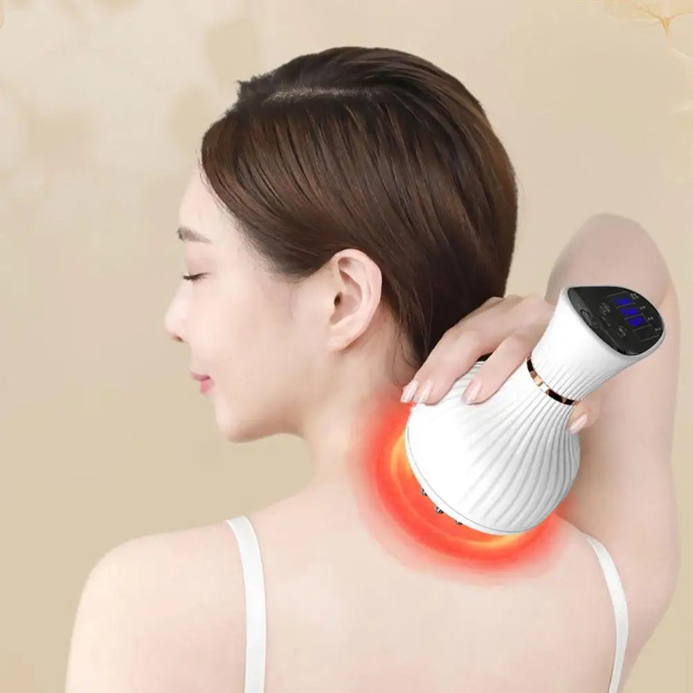 Person using a neck and shoulder massager on a beige background