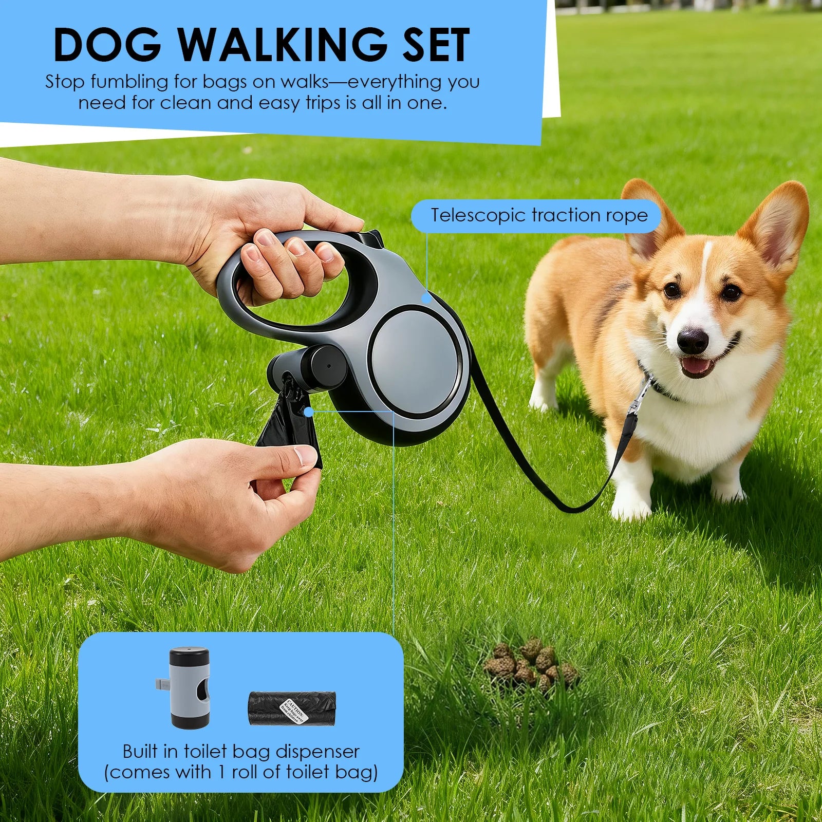 Dog walking set with retractable leash and built-in toilet bag dispenser on grass