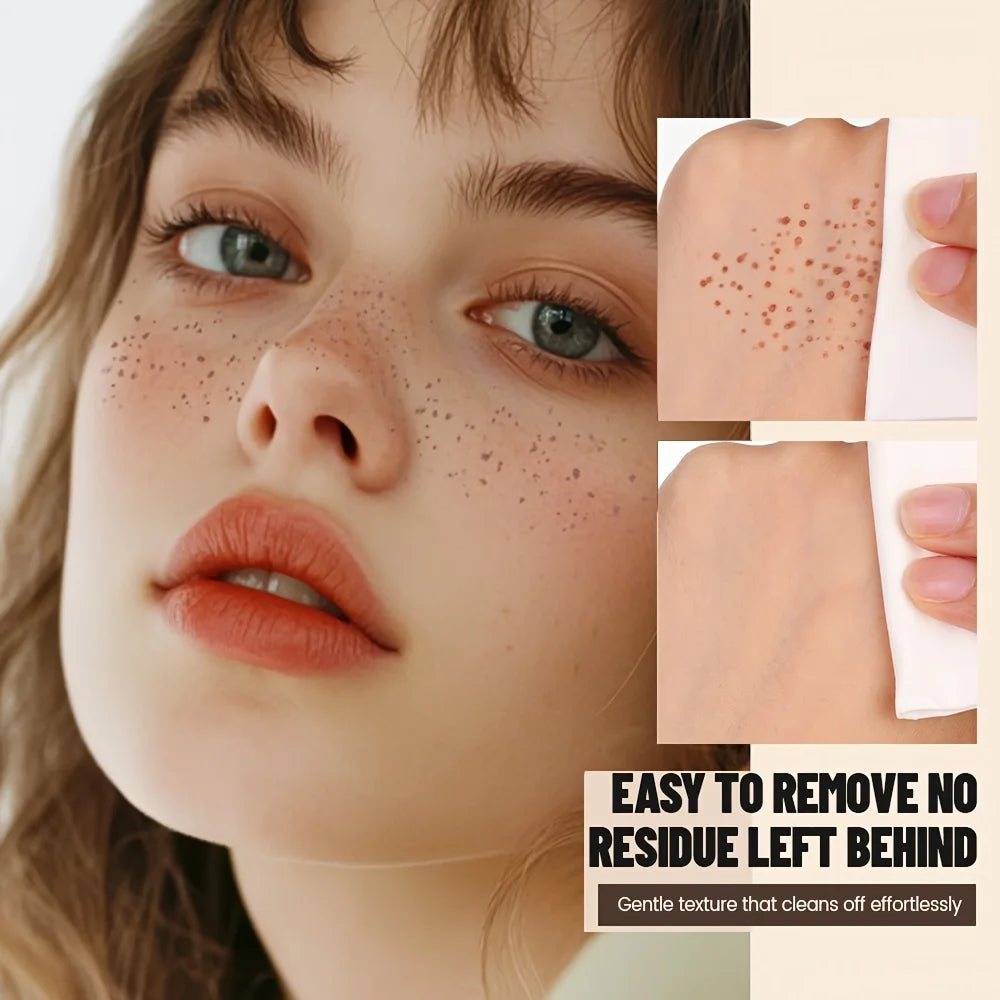 Close-up of a person's face with text indicating a product's effectiveness in removing spots.