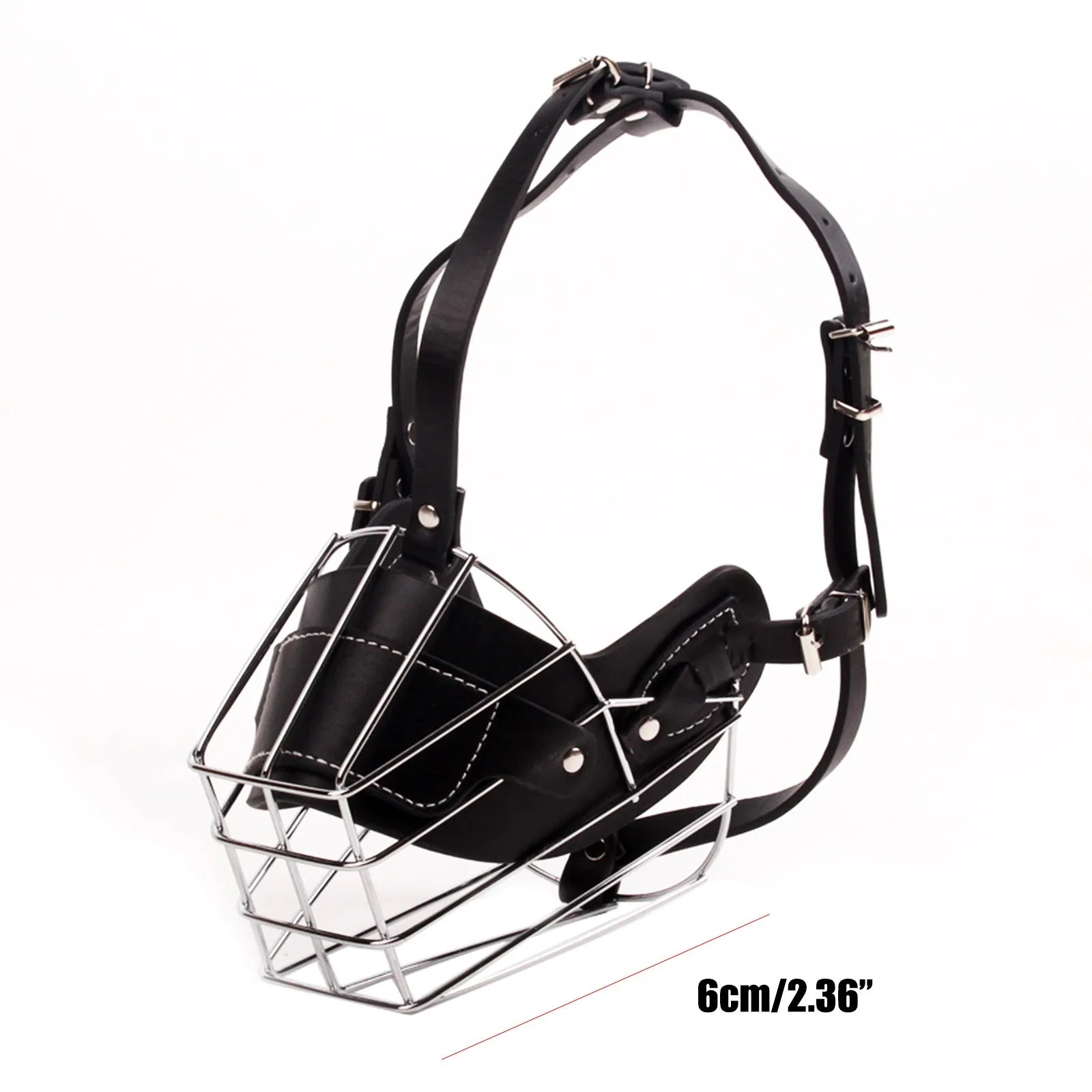 Black leather dog muzzle with metal wire cage on a white background