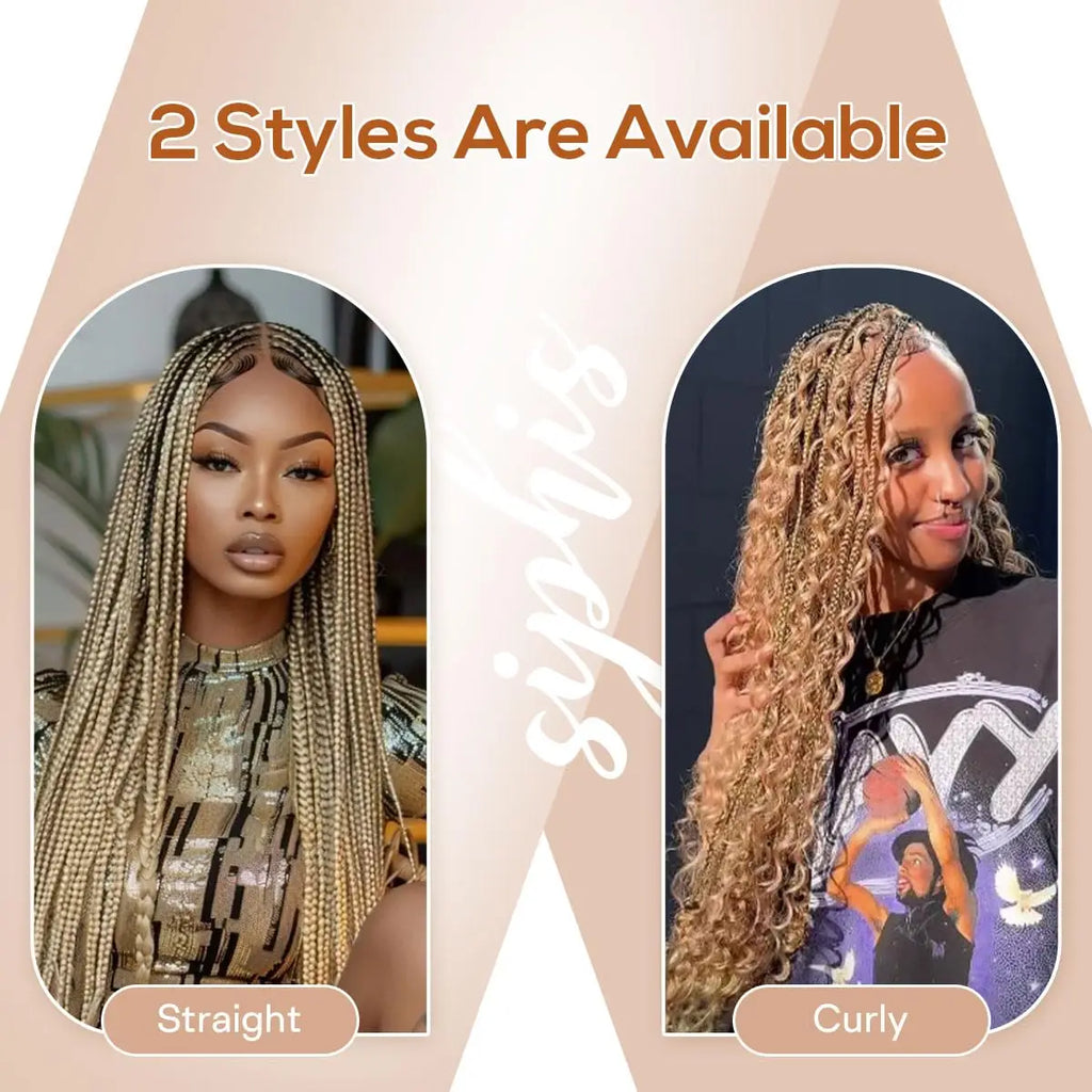 Promotional graphic showing two styles of synthetic braids available: straight and curly. The left panel shows a woman wearing straight, light beige-blonde braids.