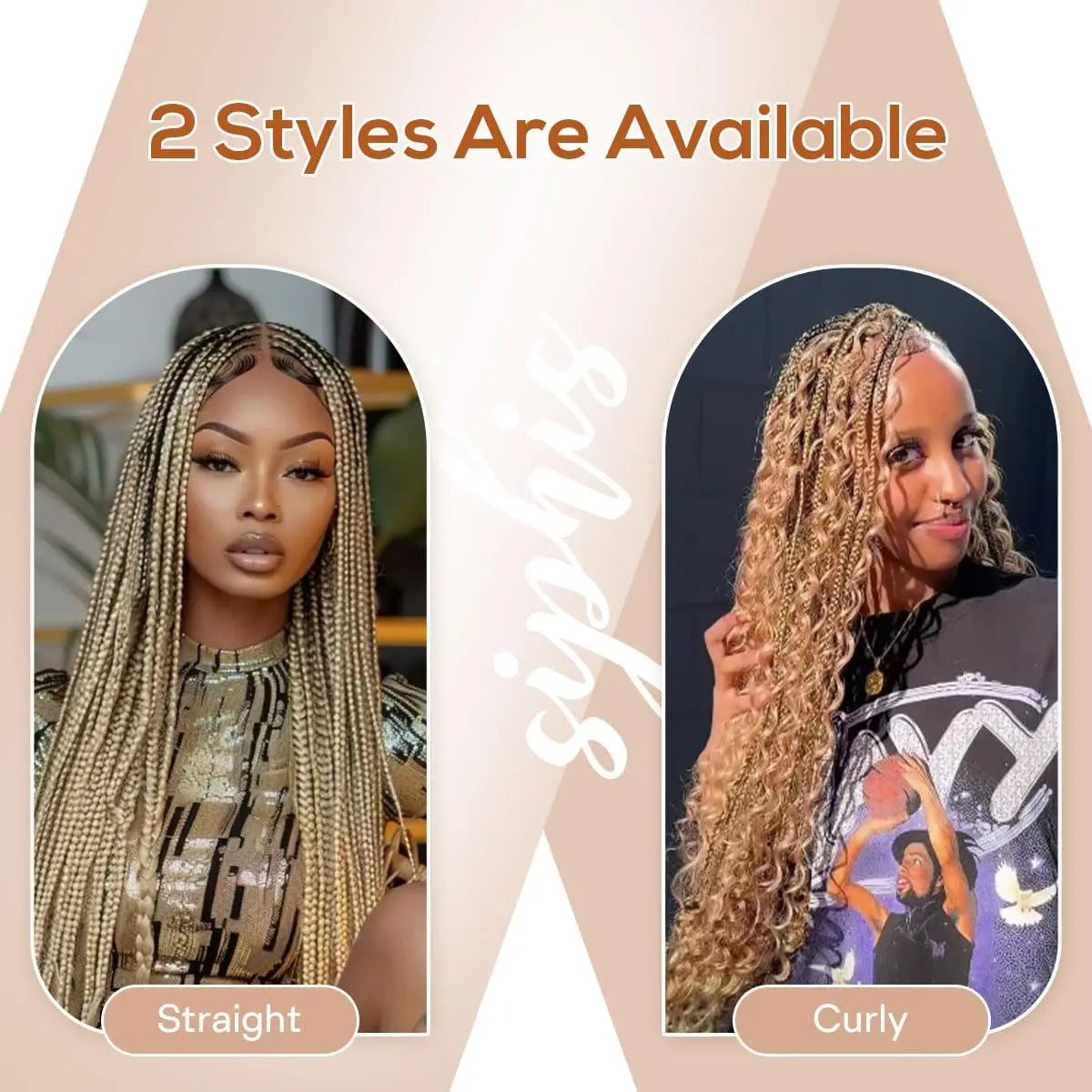 Promotional graphic showing two styles of synthetic braids available: straight and curly. The left panel shows a woman wearing straight, light beige-blonde braids.