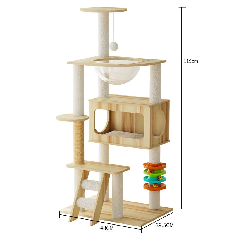 Wooden cat tree with shelves, a hammock, and toys, shown with dimensions on a white background.