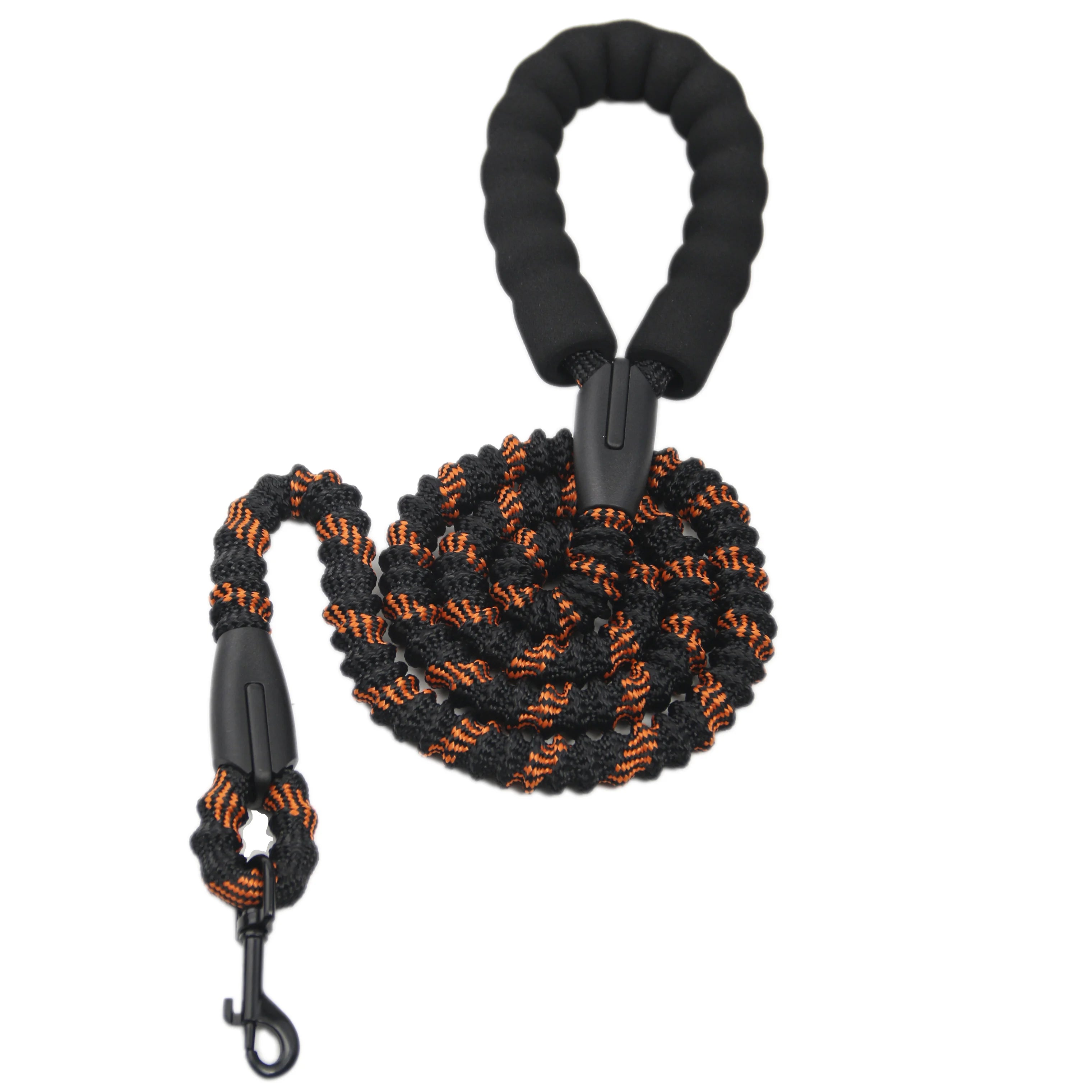 Black and orange braided dog leash on a white background