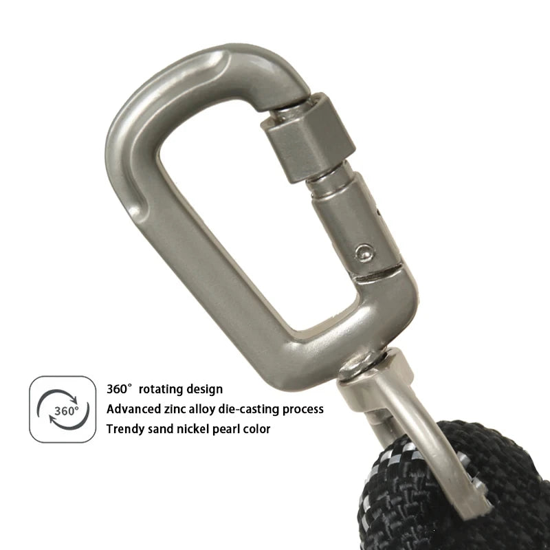 A close-up of a metallic carabiner clip with a black woven rope attached, shown on a white background with descriptive text and a 360-degree icon.