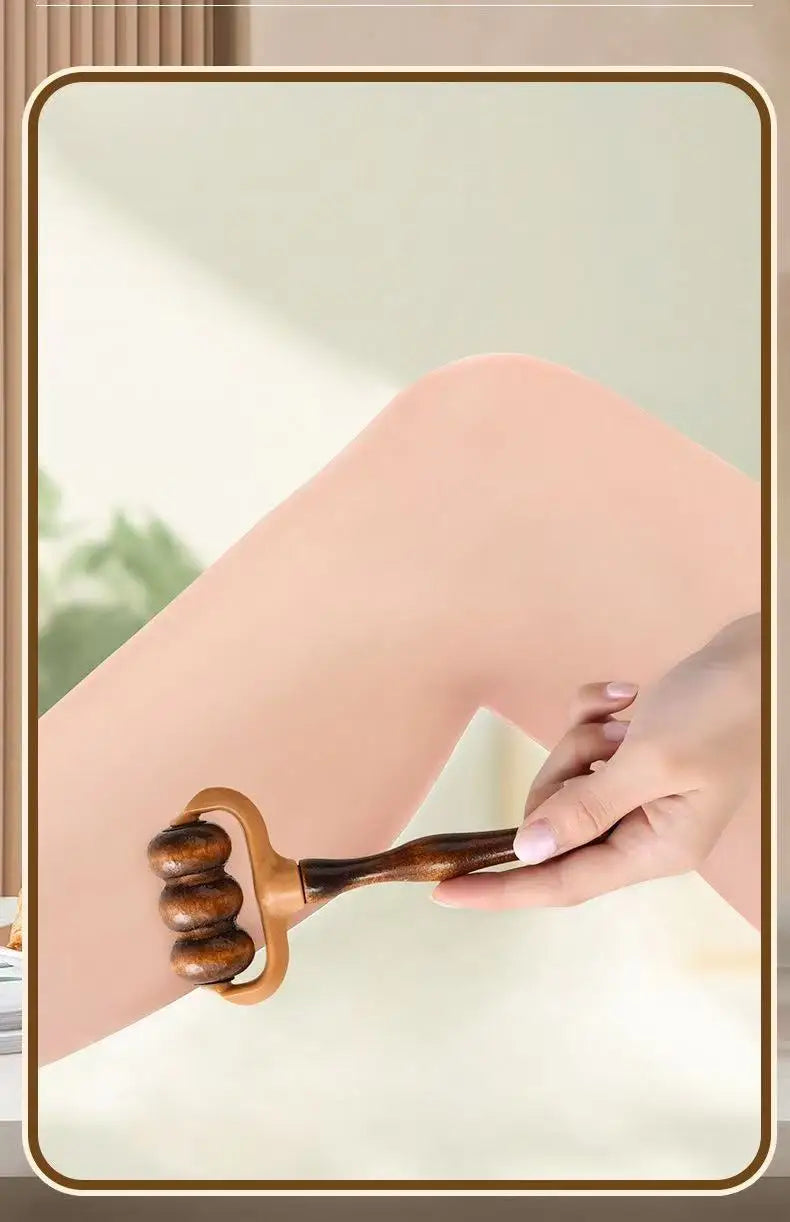 A close-up of a person's leg and hand using a wooden leg roller massage tool on the lower leg.