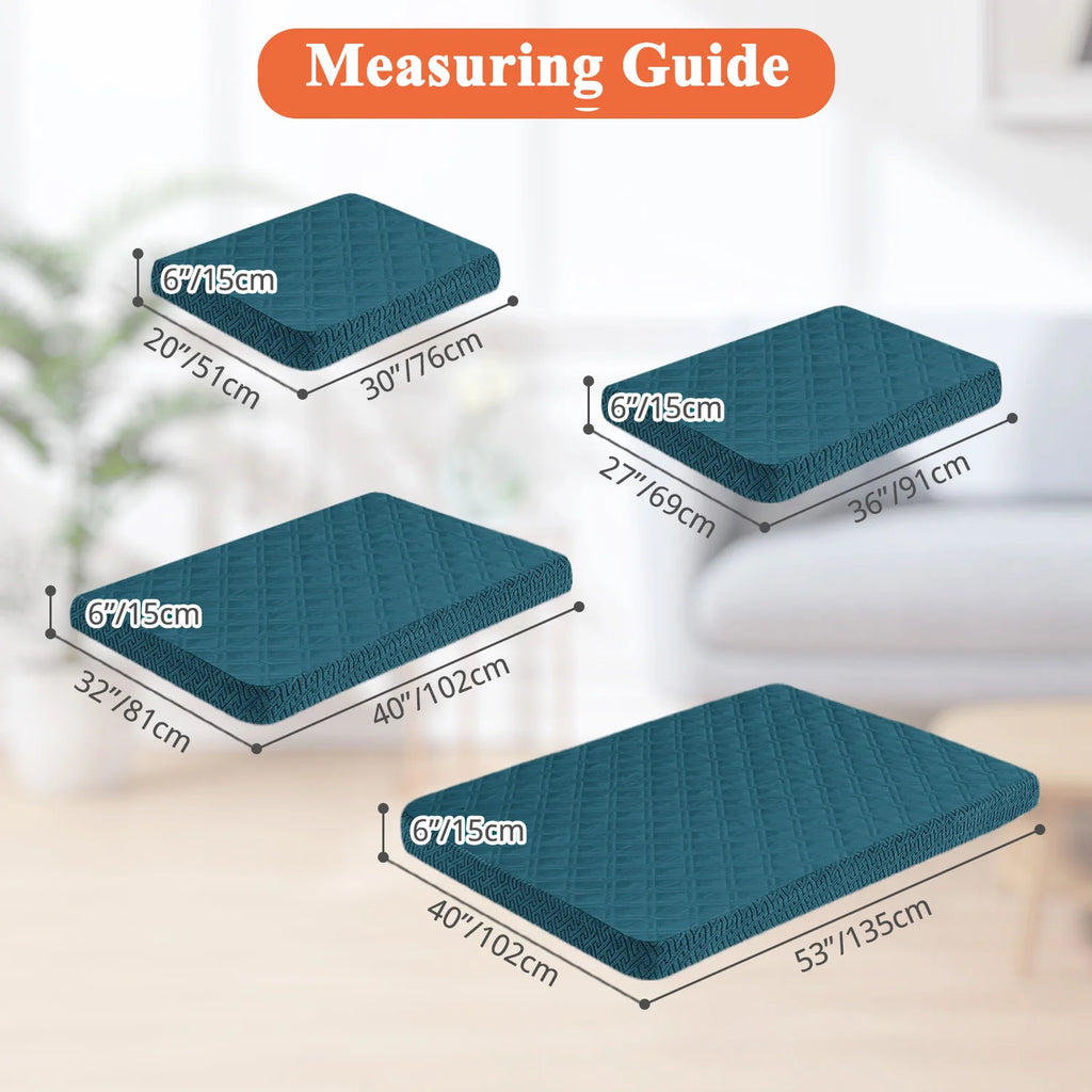 Measuring guide for blue rectangular cushions with dimensions labeled.