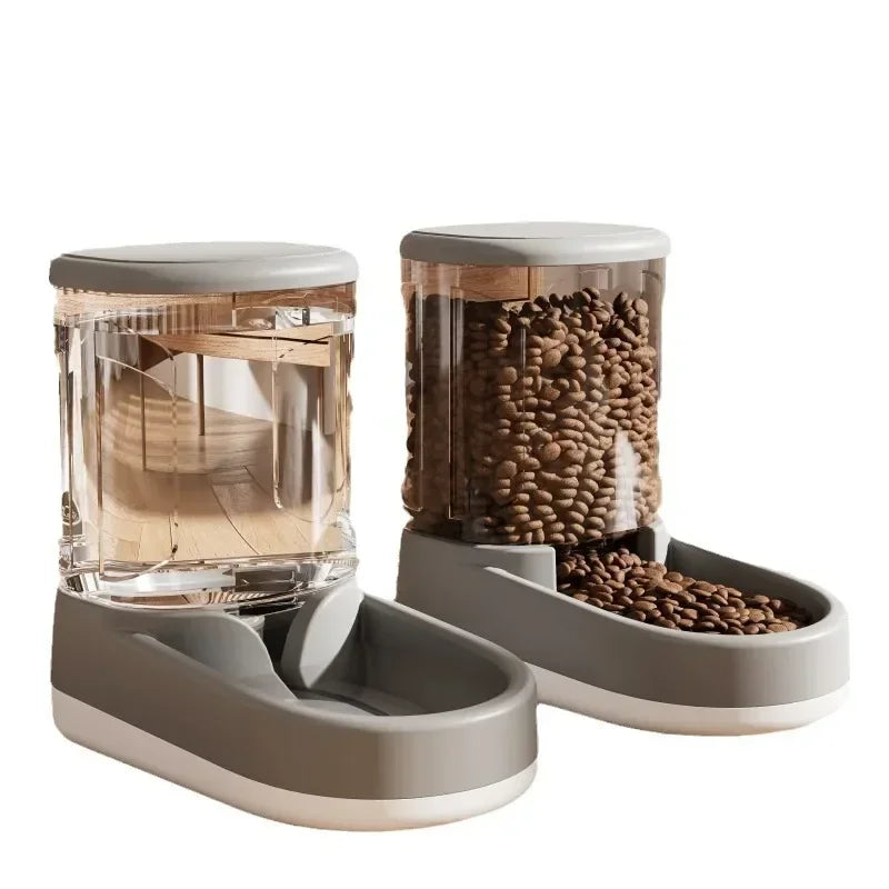 Pet food dispenser with transparent container showing pet food inside on a white background