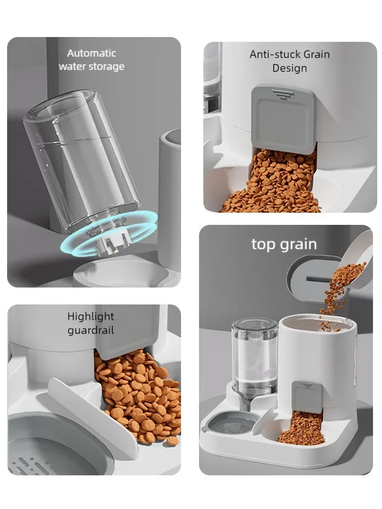 Collage of a pet feeder with features highlighted, including automatic water storage, anti-stuck grain design, and top grain.