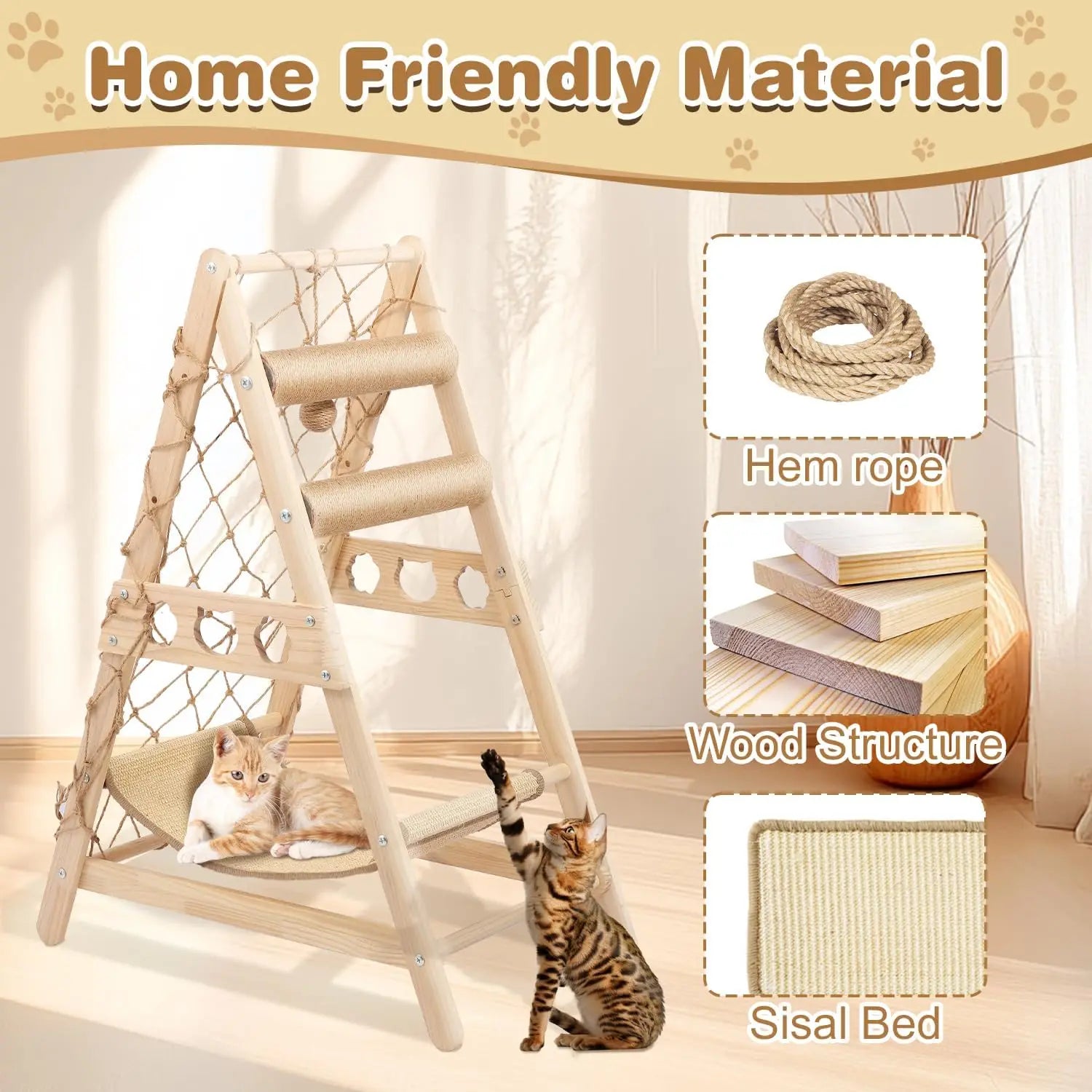 Cat play structure with hem rope, wood structure, and sisal bed on a light background.