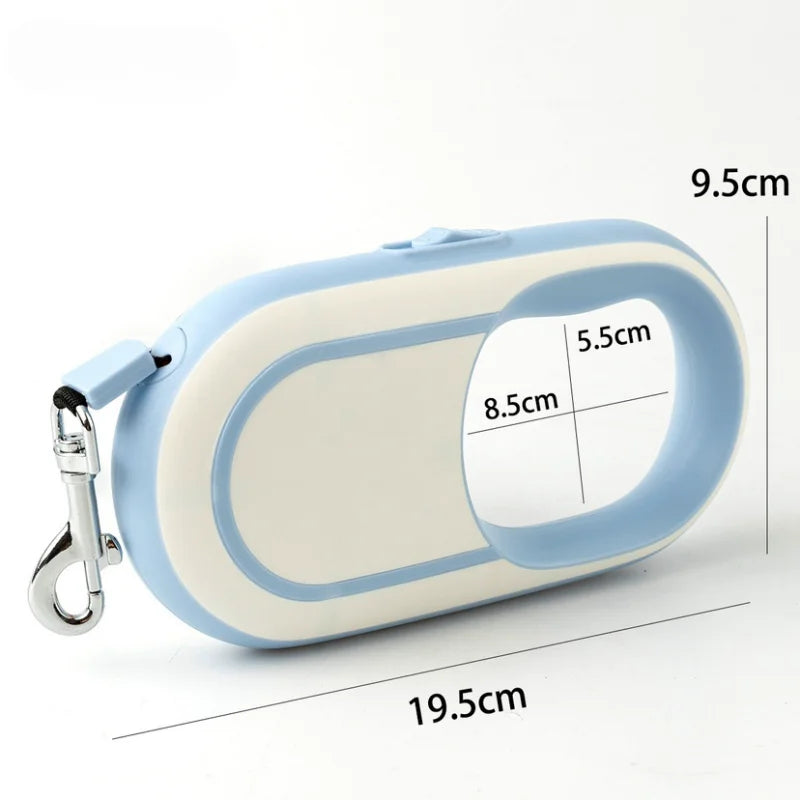 Measurement chart of a blue and white pet leash with dimensions labeled.