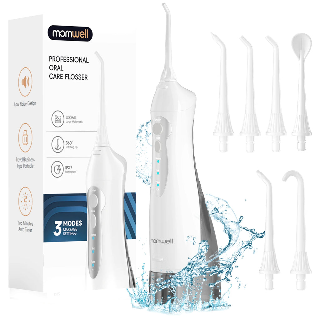 Mornwell dental flosser with packaging and multiple nozzles on a white background