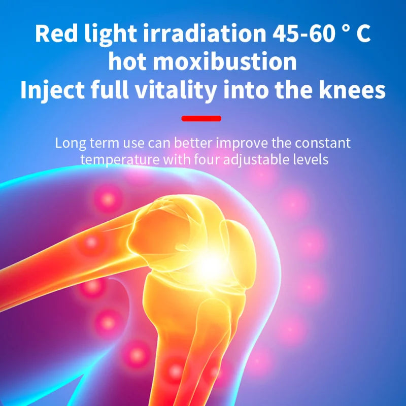 Illustration of a knee with red light irradiation and text about its benefits on a blue background
