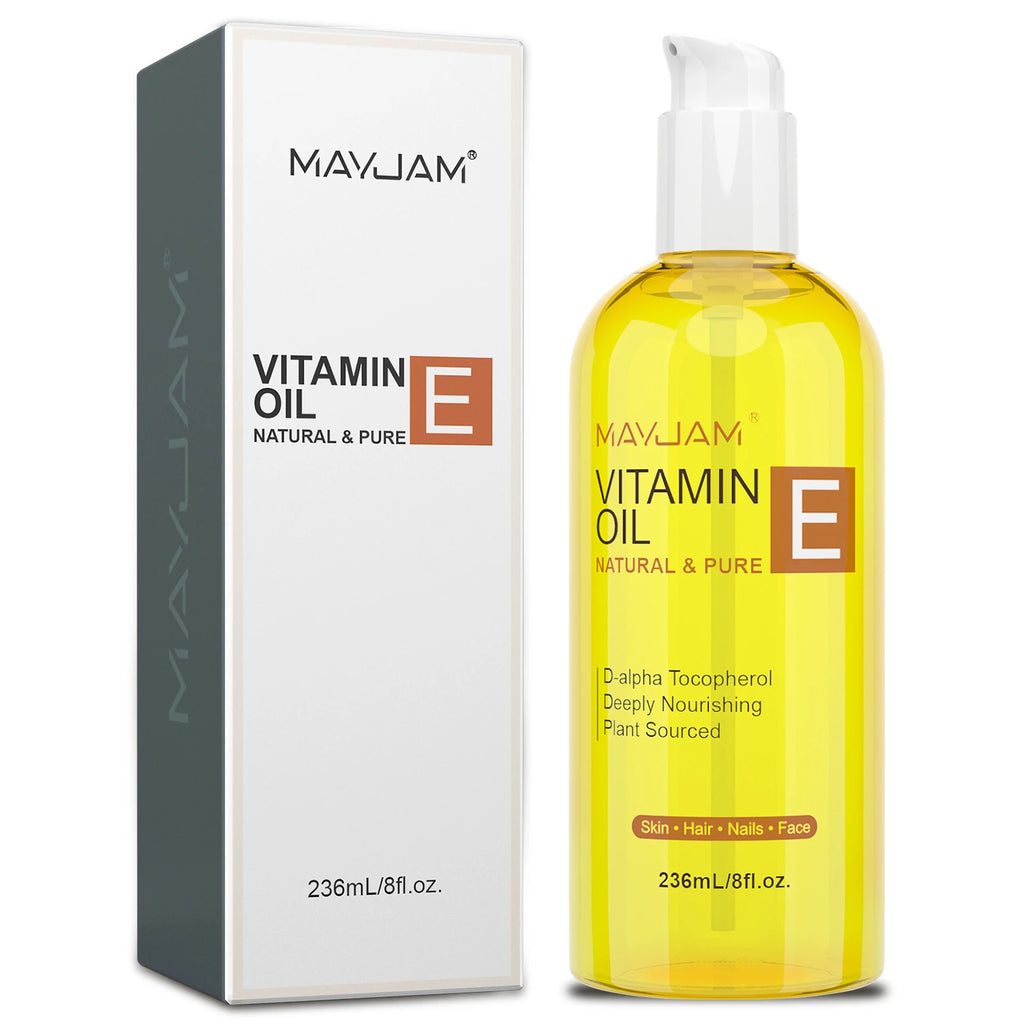 Mayujam Vitamin E oil bottle and packaging on a white background