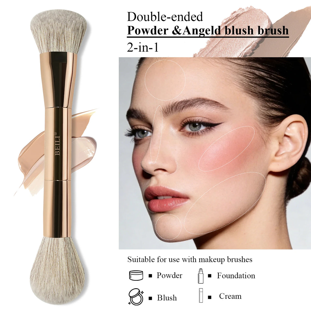 Makeup brush with powder and angled blush application on a model, labeled as double-ended 2-in-1 brush.
