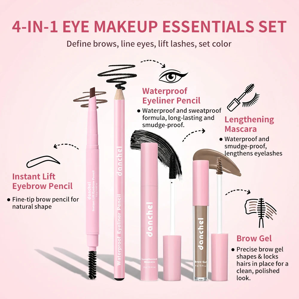 4-in-1 eye makeup essentials set with pink packaging on a pink background