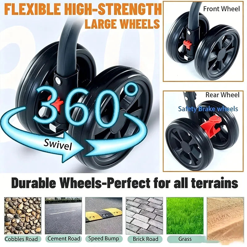 High-strength large wheels with swivel feature and durability on various terrains.