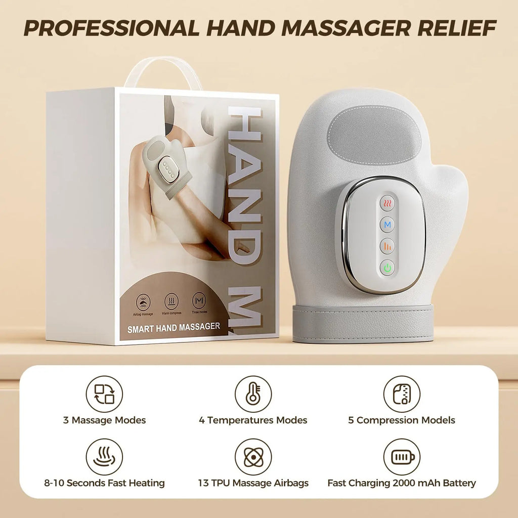 Hand massager with packaging and feature details on a beige background