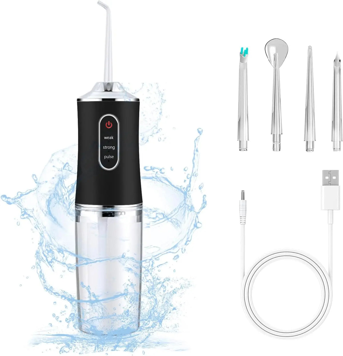 Black dental water flosser with various nozzles and a USB cable on a white background