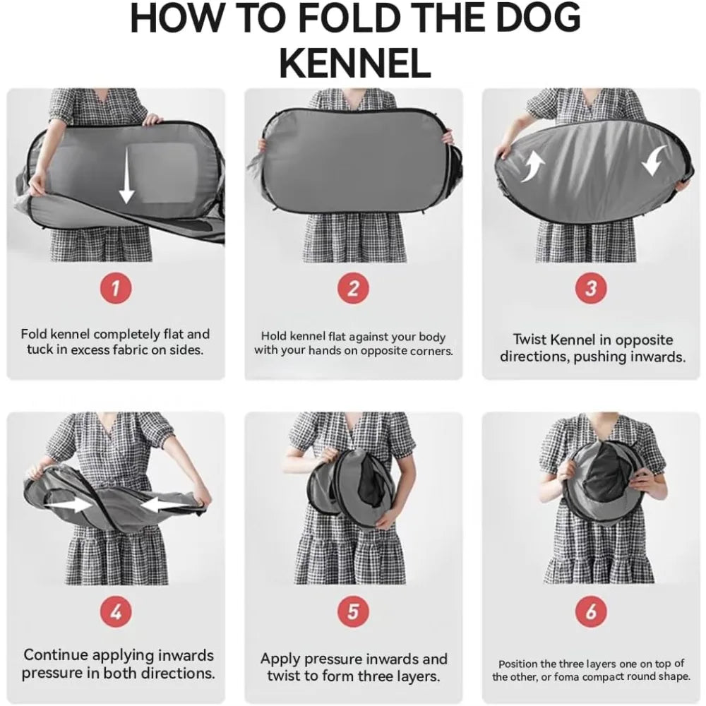 Step-by-step guide on how to fold a dog kennel with illustrations and text.