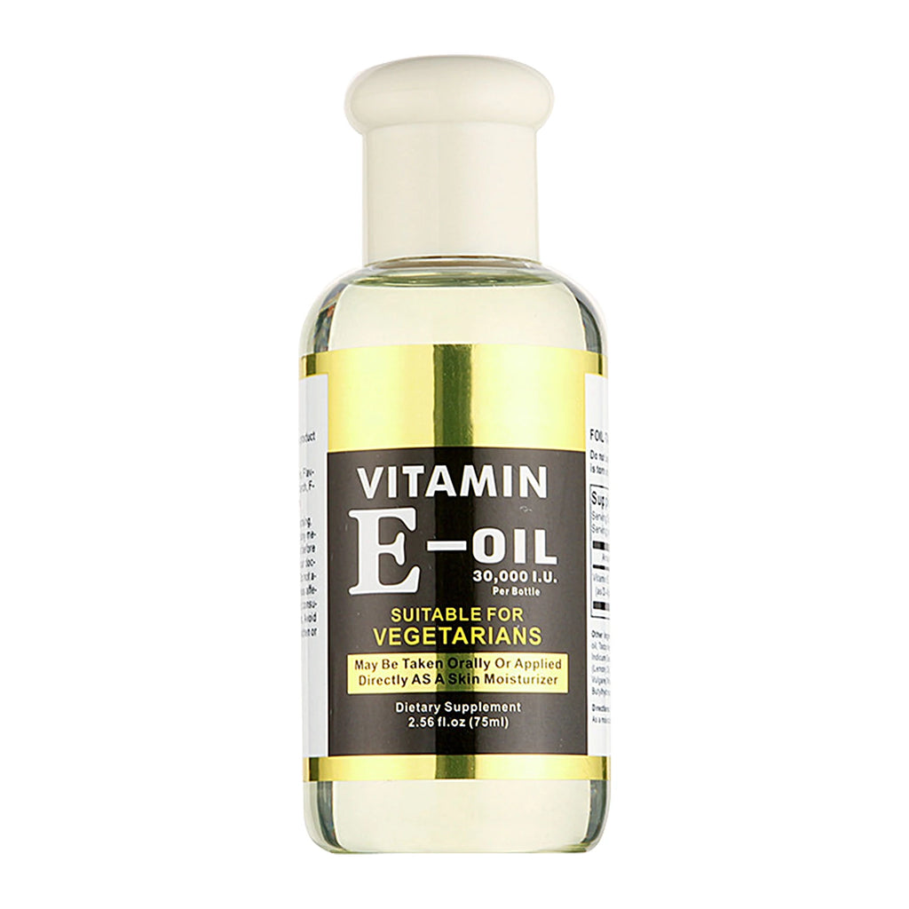 Bottle of Vitamin E oil with a white label on a white background