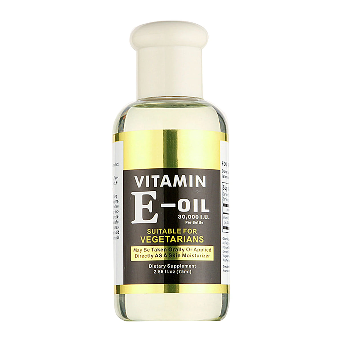 Bottle of Vitamin E oil with a white label on a white background