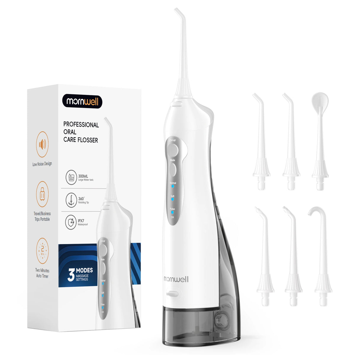 Monwell dental flosser with packaging and additional nozzles on a white background